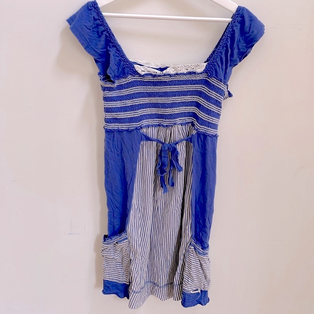 Superdry mini Dress Tunic Top Blue White  Stripe with Pockets cotton - medium